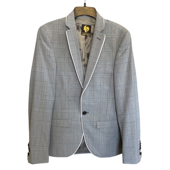 Twisted Tailor Skinny Fit Rogers Jacket Light Blue Plaid Statement Party Men 36R